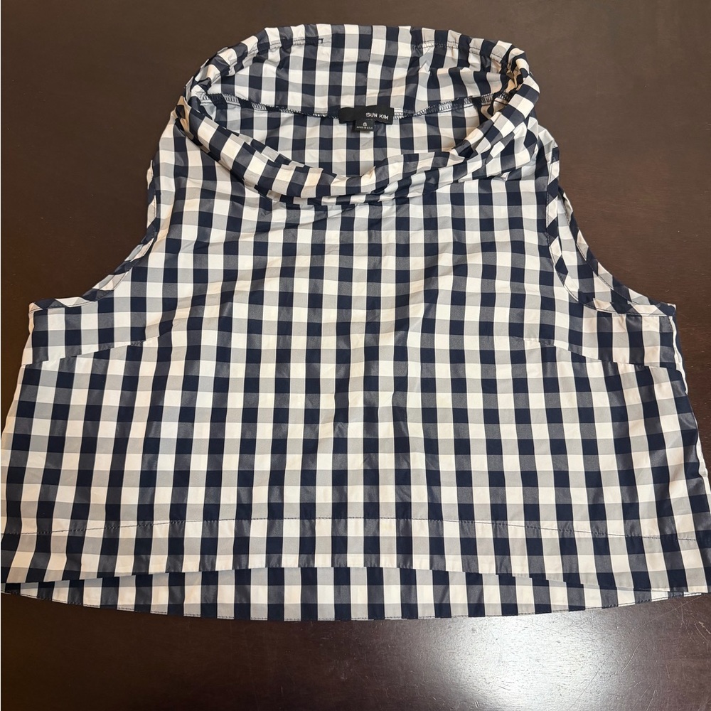 Club Monaco Navy & White Gingham Mock Neck Tank